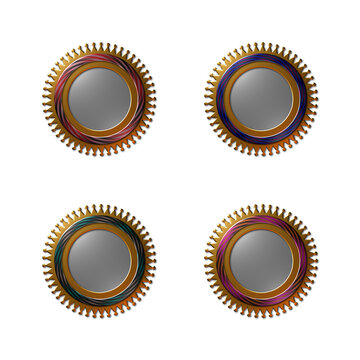 A set of 4 - 3D rendered illustrations of blank seals with copy space in a metallic texture, isolated on a white background.