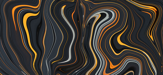 Fototapeta premium Striped painted black background, dark texture with bright orange lines. Wide banner, creative futuristic design. Modern panoramic backdrop, 3d effect. Graphic pattern. Liquid paint. Art decoration.