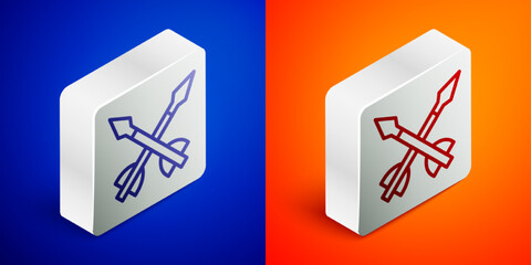 Isometric line Medieval arrows icon isolated on blue and orange background. Medieval weapon. Silver square button. Vector