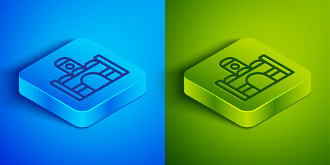 Isometric line Egyptian house icon isolated on blue and green background. Square button. Vector