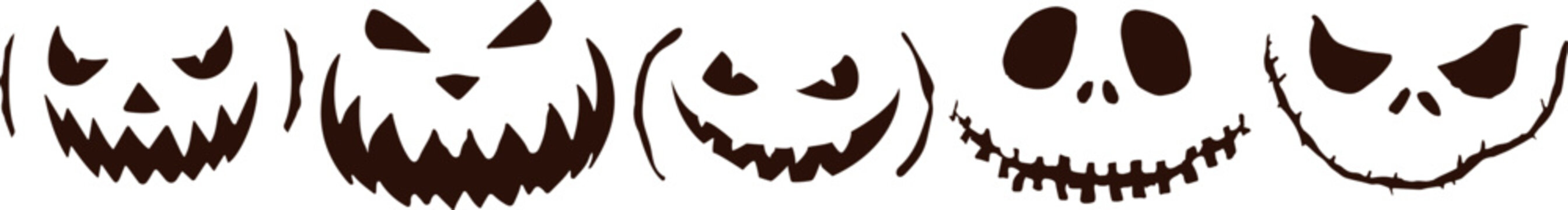 Scary Halloween pumpkin faces icons set on white background. 5 in 1. Vector graphic