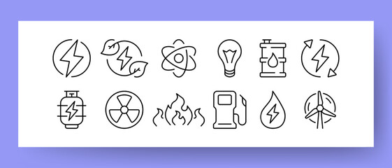 Ecology set icon. Green energy, atoms, lamp, electricity, waste, wind station, refueling, fuel, nuclear plant, environmentally friendly. Vector line icon for Business and Advertising