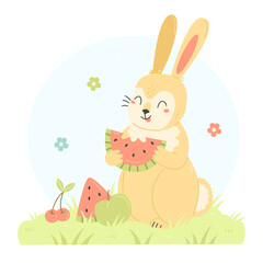 Obraz na płótnie Canvas Cute rabbit with fruit eats watermelon. A bunny character in a cartoon flat style. Summer children's illustration.