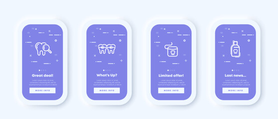 Dentist set icon. Tooth, injection, anesthesia, root, mouth, enamel, artificial limb, doctor, xray prosthesis. Health care concept. Neomorphism. UI phone app screens. Vector line icon for Business