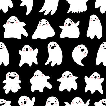 Seamless pattern with cute ghosts in cute cartoon doodle style on a black background. Illustration background for halloween.
