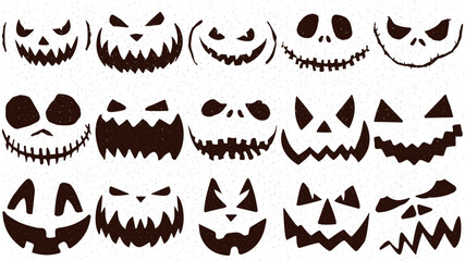 Scary Halloween pumpkin faces icons set on white background. 15 in 1. Vector graphic