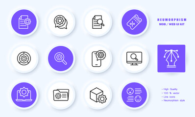 Setting set icon. File, text document, search, speech bubble, gear, discount, infographic, application development, monitor, magnifier. Neomorphism style. Vector line icon for Business and Advertising