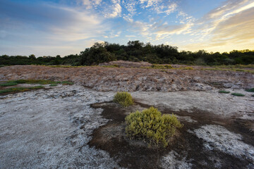 Saltpeter on the floor of a lagoon in a semi desert environment, La Pampa province, Patagonia, Argentina.