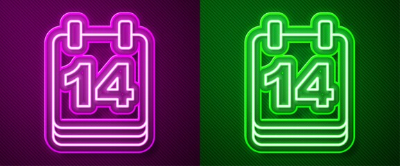 Glowing neon line Calendar with February 14 icon isolated on purple and green background. Valentines day. Love symbol. Vector