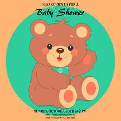 Сute teddy bear with a blue bow. Baby shower invitation.