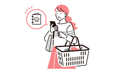 スマホでレシピを検索しながら買い物をする女性