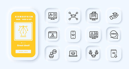 Online learning set icon. E book, academic cap, distance, student, phone, computer, internet, headphones, laptop, worldwide, textbook, home. Education concept. Neomorphism. UI phone app screen. Vector