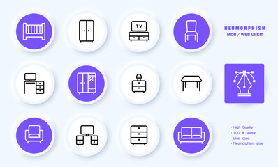 Home furniture set icon. Bed, wardrobe, TV, chair, computer table, bedside table, sofa, armchair, convenience, wooden. Appointment concept. Neomorphism. Vector line icon for Business for Business