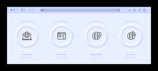 Globe set icon. Planet with a magnifying glass, coin, dollar, website, globe, earth, setting, exchanging earth for money. Money concept. Neomorphism website interface. Vector line icon for Business