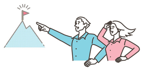 Male-female couple aiming for a goal of the mountain. Concept of life planning and dreams [Vector illustration].