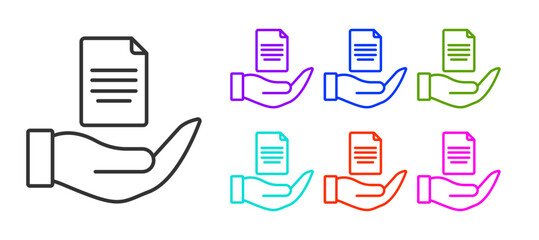 Black line Contract in hand icon isolated on white background. Insurance concept. Security, safety, protection, protect concept. Set icons colorful. Vector