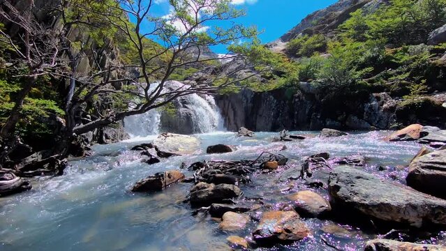 River and waterfall of Laguna Esmeralda in Summer season in Ushuaia, Tierra del Fuego Patagonia