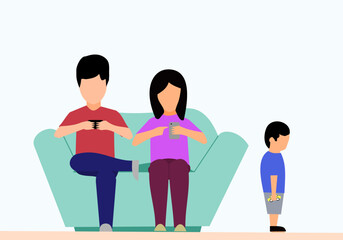 Obraz premium a lonely child ignored by their parents, selfish parents being busy with their smartphone instead of playing with their kid