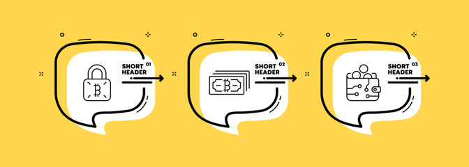bitcoin set icon. Lock, cryptocurrency, exchange, trading, income, money, currency, crypto wallet, electronic money, millionaire, dollar. Infographic timeline with icons and 3 steps. Vector