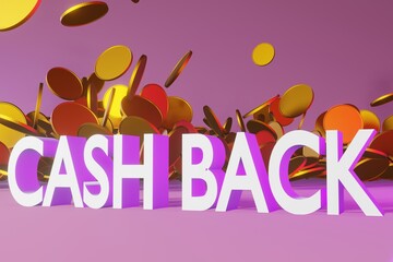 Cash back banner with floating golden coins 3D rendering purple neon light. Money saving wealth concept, financial refund service, online shopping purchase bonus, discount promotion banner template.