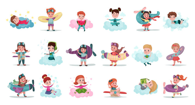 Playful Kids Flying in Handcrafted Plane and Sitting on Soft Fluffy Clouds Big Vector Set