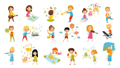 Obraz na płótnie Canvas Kids Talents with Smiling Boy and Girl Drawing and Playing Musical Instruments Vector Big Set