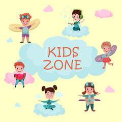 Kids Zone Placard with Fluffy Cloud and Funny Children Playing Plane and Dreaming Vector Template