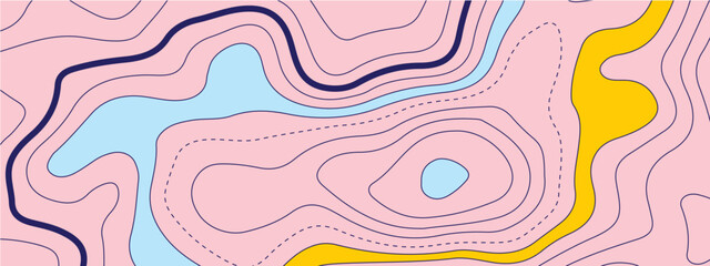 The stylized colorful wavy abstract topographic map contour, lines Pattern background. Topographic map and landscape terrain texture grid. Wavy banner and color geometric form. Vector illustration.