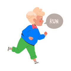 Little Blond Boy Running Forward Learning English Word Vector Illustration