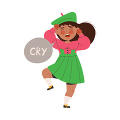 Little Girl in Green Beret Crying Out Loud Learning English Word Vector Illustration