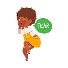 Little Girl Feeling Fear Dodging Afraid of Something as Learning English Word Vector Illustration