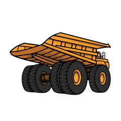Quarry services dumper truck in opencast mine. Vector cartoon illustration of yellow dump truck, heavy machine in mining industry. Vector illustration isolated on white.
