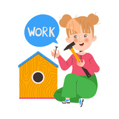 Little Girl Working Building Nesting Box with Nail and Hammer Learning English Word Vector Illustration