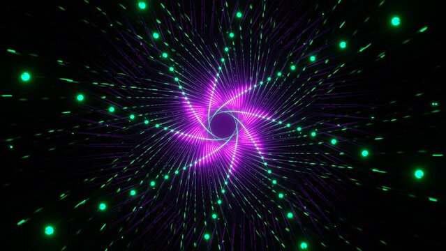 Abstract 3d motion on rotating lines out of dots and glow asterisk effect n the center on black background