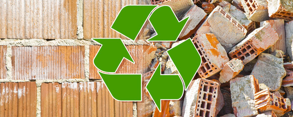 Recovery and recycling of concrete and brick rubble debris on co - obrazy, fototapety, plakaty