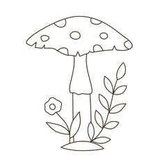 Outline poisonous mushroom in 70s art style. Retro groovy sketch graphic element of toadstool. Cartoon amanita drawing. Vintage boho illustration