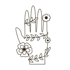 Vintage bohemian outline hand with flowers and bindweed. 60s and 70s vibes psychedelic vector sketch. Cartoon future prediction symbol. Boho illustration of providence sign. Abstract trippy drawing