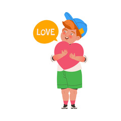 Little Boy in Love Holding Pink Heart Learning English Word Vector Illustration