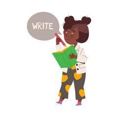 Little Girl Writing Something in Notepad with Pencil Learning English Word Vector Illustration