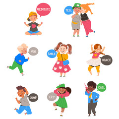 Children Learning English Words Displaying Vocabulary and Spelling Vector Set