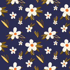 vector seamless pattern of white flowers with green leaves