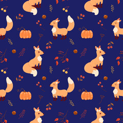 Cute cartoon style fox seamless pattern with autumn leaves, nuts and berries