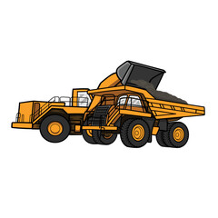 Excavator and Loader activity on mining site Vector Illustration. Excavator loading soil on dump truck professional equipment working on coal mine production opencast stone quarry