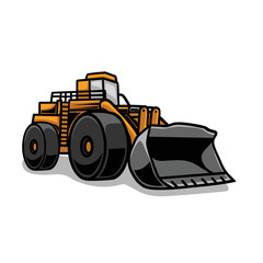 Vector illustration of Wheel Loader Heavy vehicle. Yellow bulldozer, digger, quarry machine. Backhoe front loader truck. Work excavator, tractor. Icon logo For Construction and mining Industry