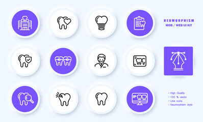 Dentistry set icon. Tooth, injection, anesthesia, root, gum, mouth, enamel, artificial limb, doctor, Dentist, xray prosthesis, examination, treatment, medicine. Health care concept. Neomorphism style