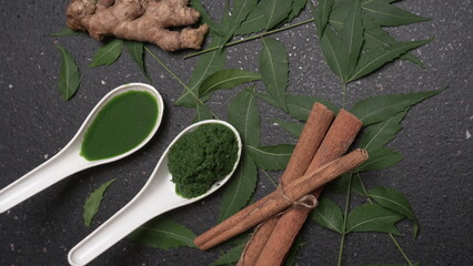 Neem leaves used as ayurvedic medicine with ground neem paste and juice Used in skin care, beauty products and creams.