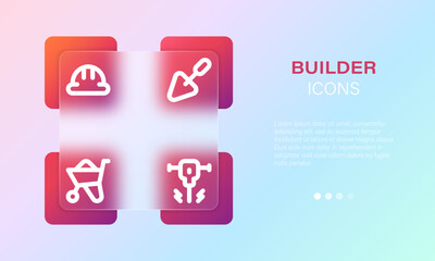 Builder simple line icons set in glassmorphism gradient style. Transparent glass design