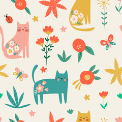 Vector seamless pattern with  flowers and cats. Animal background in hand-drawn style. Cartoon style. Funny kids fabric print. For textiles, clothing, bed linen, office supplies.