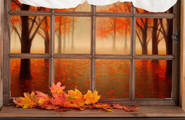 old wooden window and view to autmn park with red falling leaves