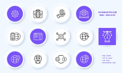 Infographics set icon. Hierarchy, statistics, briefcase, site, career growth, portfolio, exchange, restart, setup, account, resume. Neomorphism style. Vector line icon for Business and Advertising